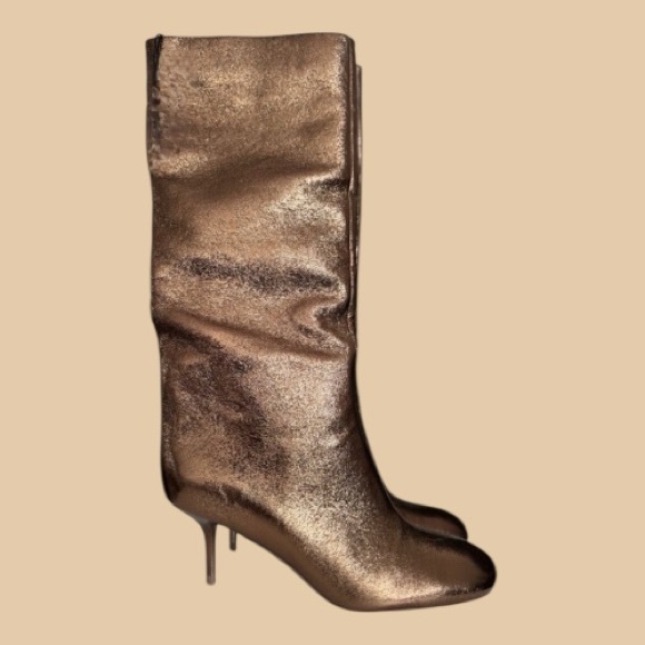 Zara Metallic Golden Bronze Kitten Heel Boots Knee High Size US 6 EU36 NWT - Picture 10 of 15